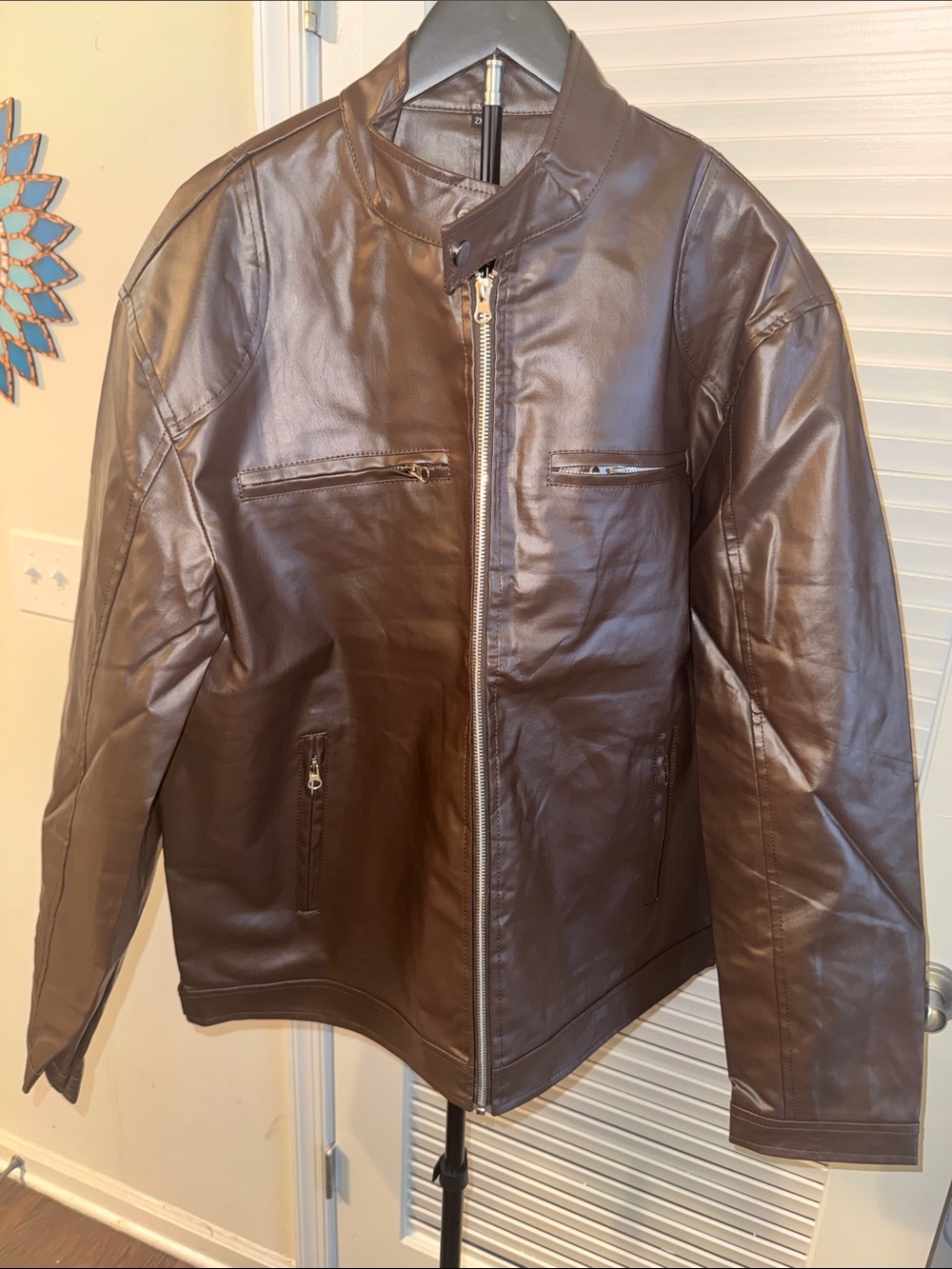 New! Brown Vegan Leather Jacket with Front Zippers and pockets